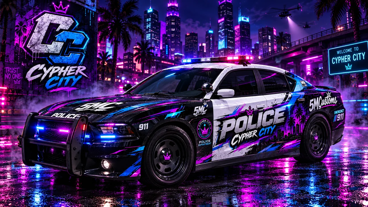 Beispiel: schwarz-weißer Polizeiwagen mit Neon-Livery und großem Schriftzug